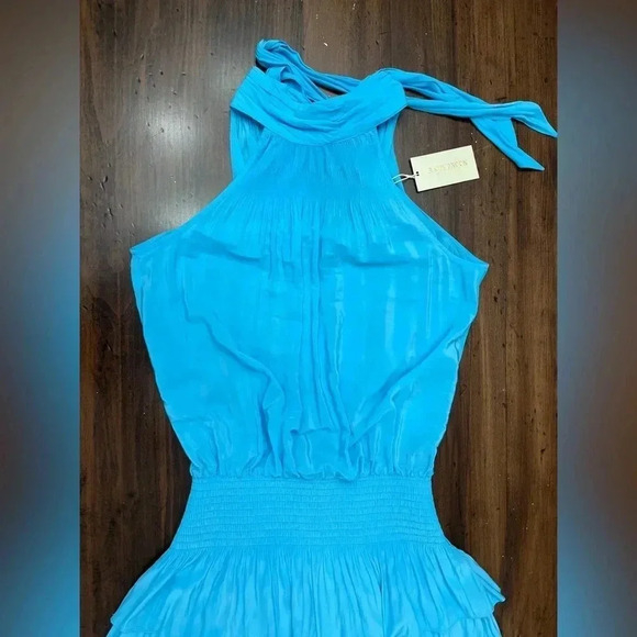 Ramy Brook Hudson Dress Size Small Tropical Blue Halter Tie Top Tiered Ruffle - Picture 11 of 12